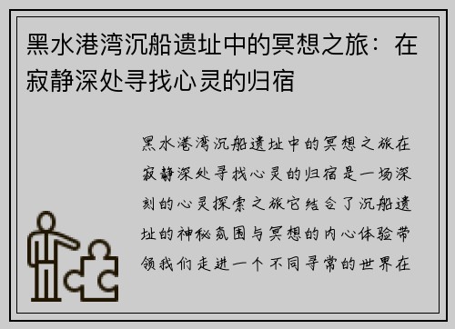 黑水港湾沉船遗址中的冥想之旅：在寂静深处寻找心灵的归宿